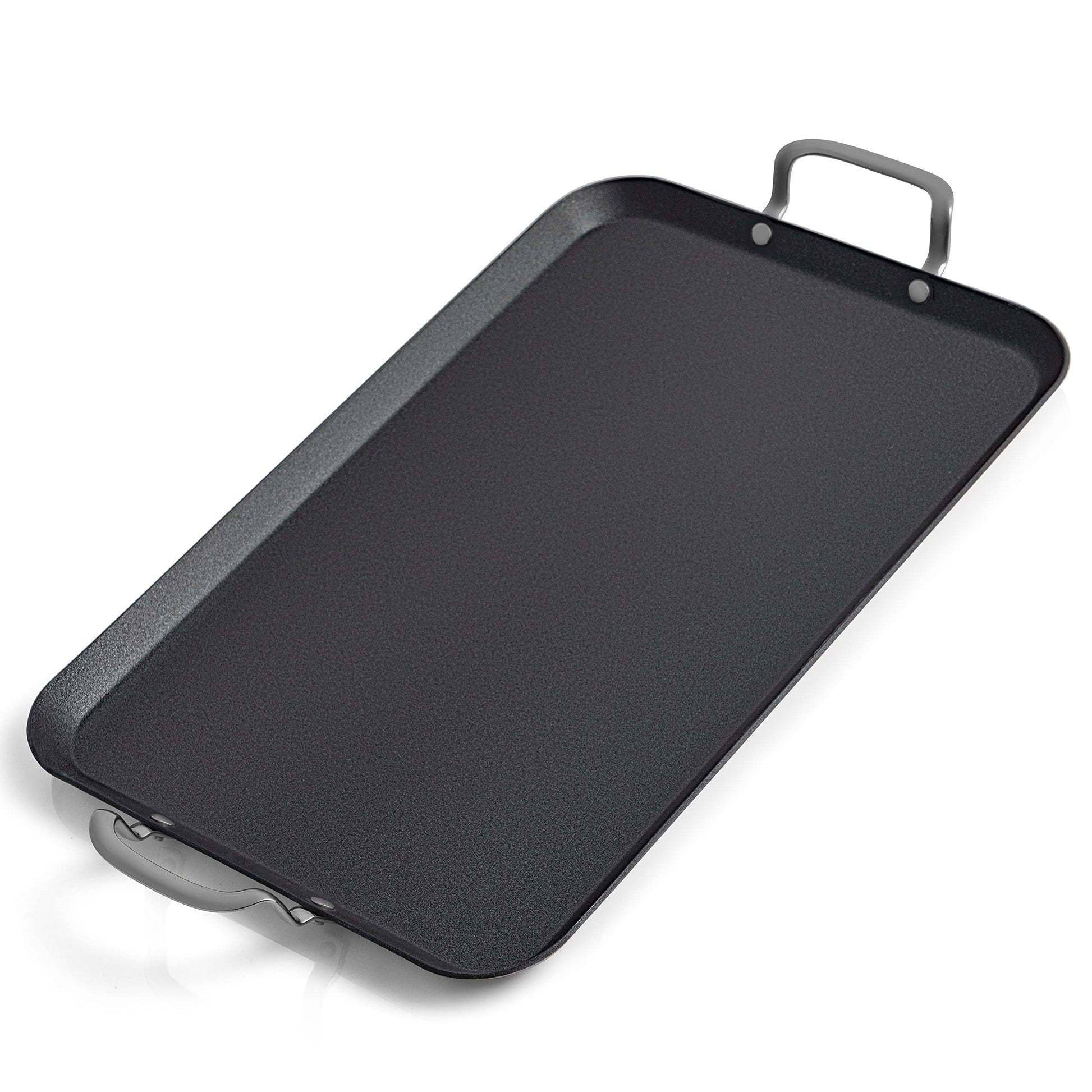 Chef's Secret - Plancha antiadherente de acero inoxidable para estufa, doble quemador, sartén para panqueques con parte superior plana, asas laterales remachadas, bordes de labios elevados, 18 x 11.25