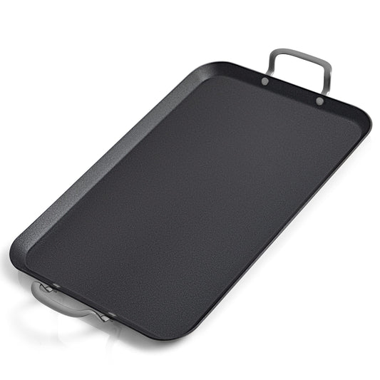 Chef's Secret - Plancha antiadherente de acero inoxidable para estufa, doble quemador, sartén para panqueques con parte superior plana, asas laterales remachadas, bordes de labios elevados, 18 x 11.25