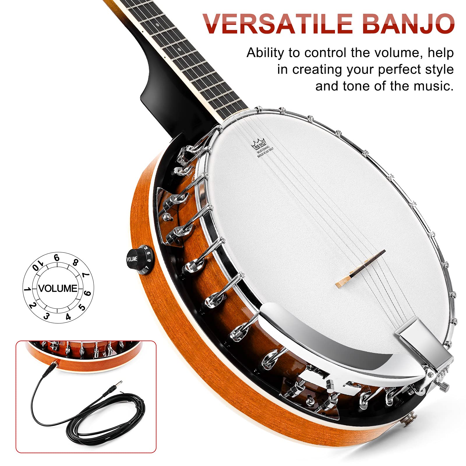 Vangoa Banjo - Juego de 5 cuerdas y acústicos eléctricos de tamaño completo con cabeza de retorno de caoba, cabeza de retorno, banjoe, 24 soportes con 5ª clavijas para principiantes y adultos