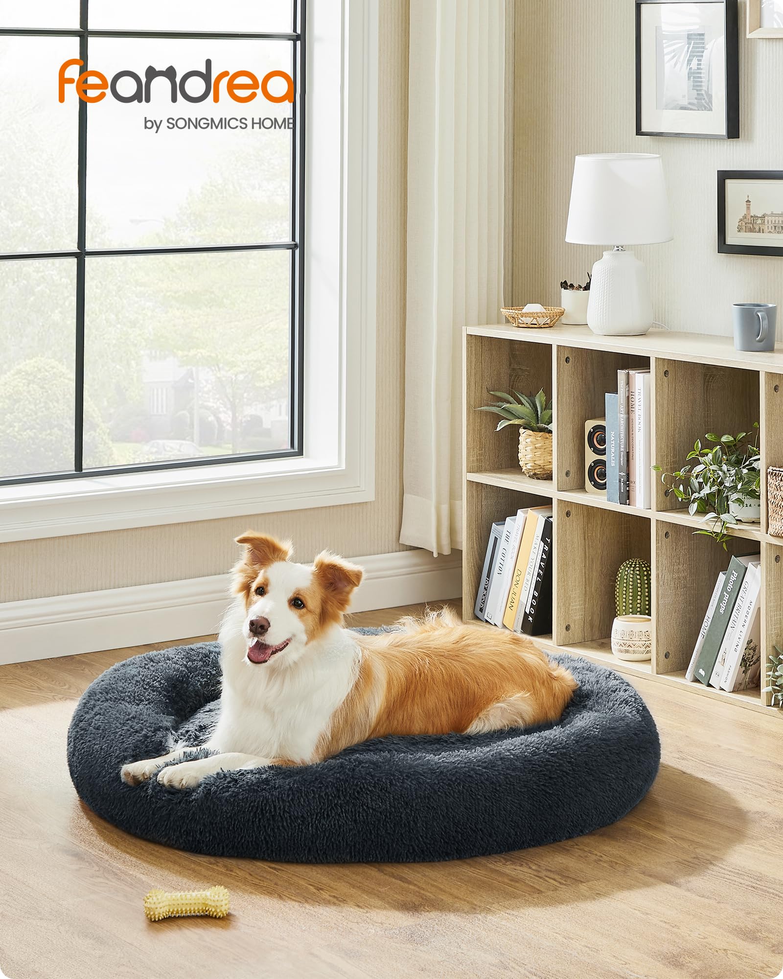 Feandrea Cama de Perros, Cama para Mascotas, Diámetro de 100 cm, Cojín Central Extraíble y Lavable, Alfombra de Felpa, Gris Oscuro MPGW042G02