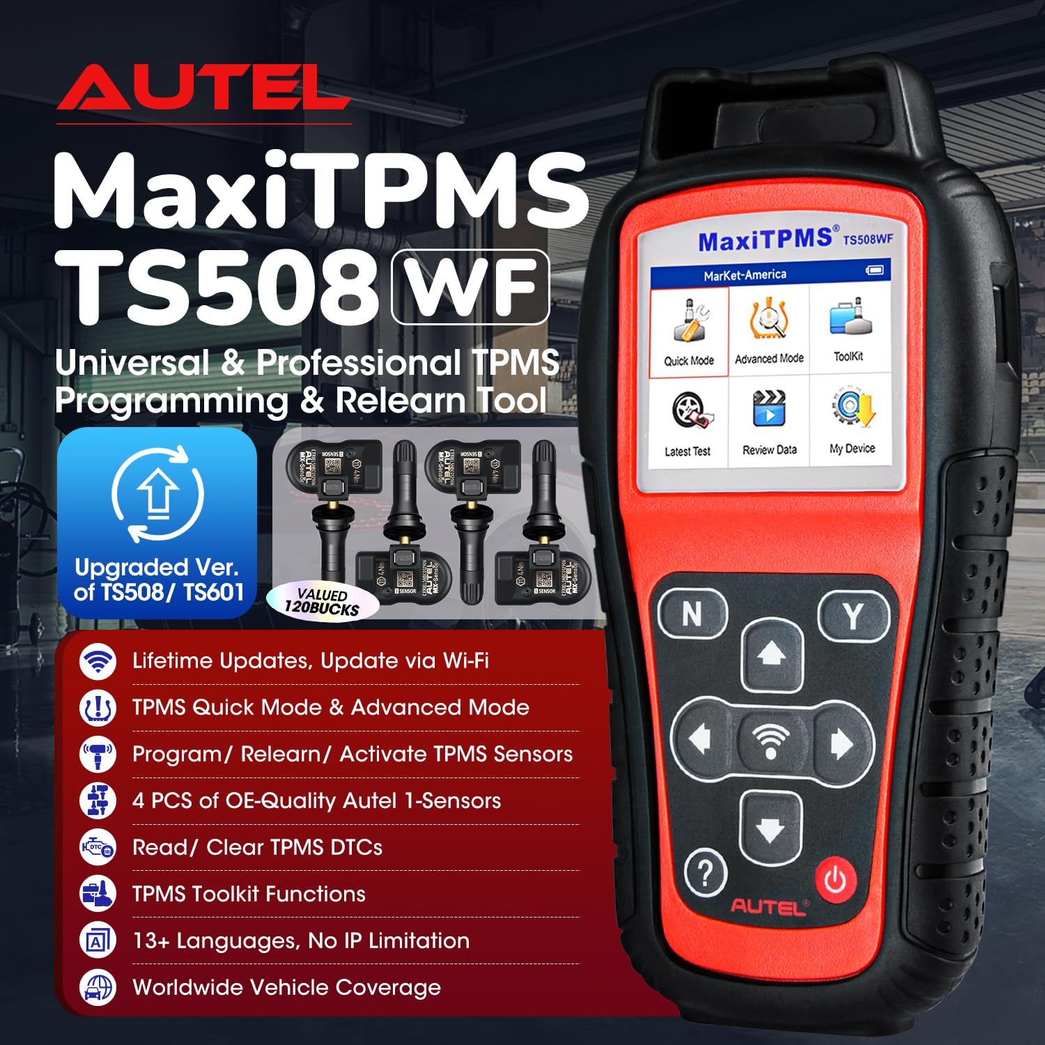 Autel MaxiTPMS TS508WF KIT, 2025 TPMS Herramienta de reinicio de programación con 4 sensores Autel MX ($120), WiFi Ver. TS601 TS508 TS501 PRO, Relearn/Activate All TPMS Sensor, TPMS Restablecer,