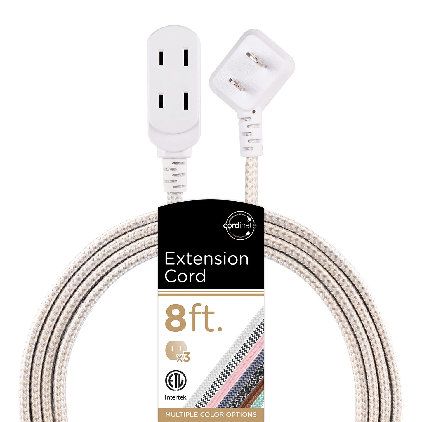 Cordinate Designer, Extension Electrica de 3 salidas polarizadas, Cable Trenzado de 2.4 m (8 pies), Sistema de Seguridad para Trabar, Enchufe Plano, Certificacion ETL Blanco/Bronce 1 paquete ‎41891-T1