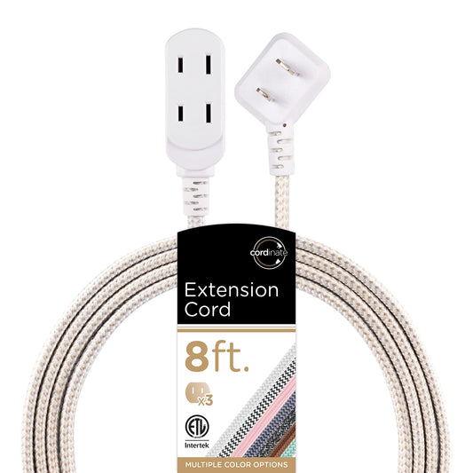 Cordinate Designer, Extension Electrica de 3 salidas polarizadas, Cable Trenzado de 2.4 m (8 pies), Sistema de Seguridad para Trabar, Enchufe Plano, Certificacion ETL Blanco/Bronce 1 paquete ‎41891-T1