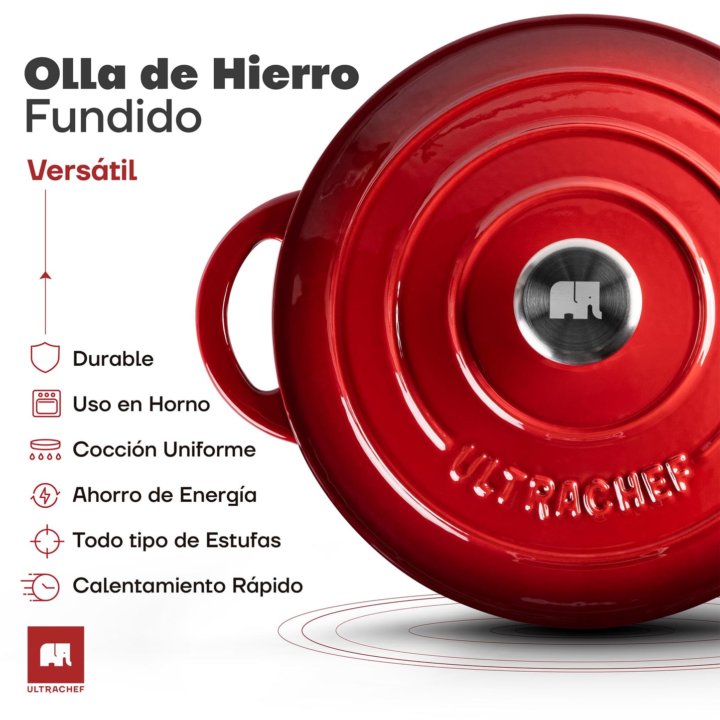 ULTRACHEF Olla de Hierro Fundido Esmaltado para Estufa y Horno | Horno Holandés Cubierto de Hierro Fundido | Dutch Oven | Redonda | Tamaño 28 cm, Capacidad 6 Litros, Rojo