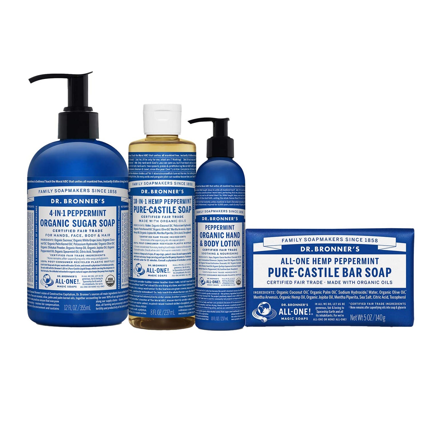 Dr. Bronner's | Set de Regalo Orgánico de Menta con Jabón de Azúcar de 355 ml, Jabón Líquido de Castilla de 240 ml, Crema corporal de 240 ml y Jabón en Barra de Castilla de 140 g