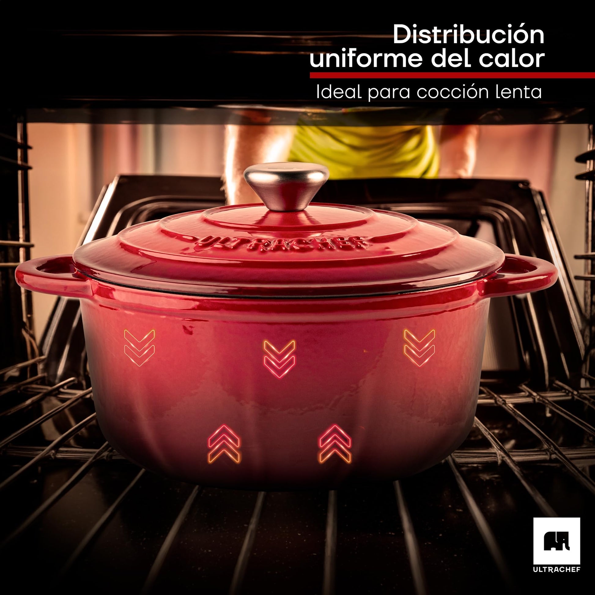 ULTRACHEF Olla de Hierro Fundido Esmaltado para Estufa y Horno | Horno Holandés Cubierto de Hierro Fundido | Dutch Oven | Redonda | Tamaño 24 cm, Capacidad 3.8 Litros, Rojo