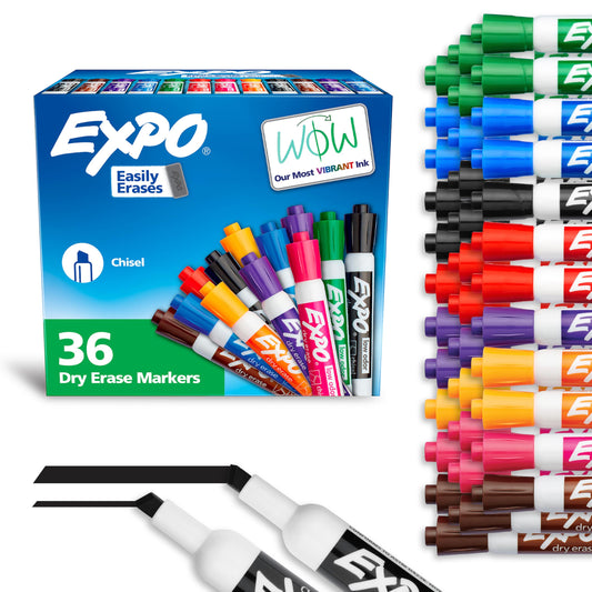 EXPO Low-Odor Dry Erase Markers, Chisel Tip, Assorted Colors, 36 Pack