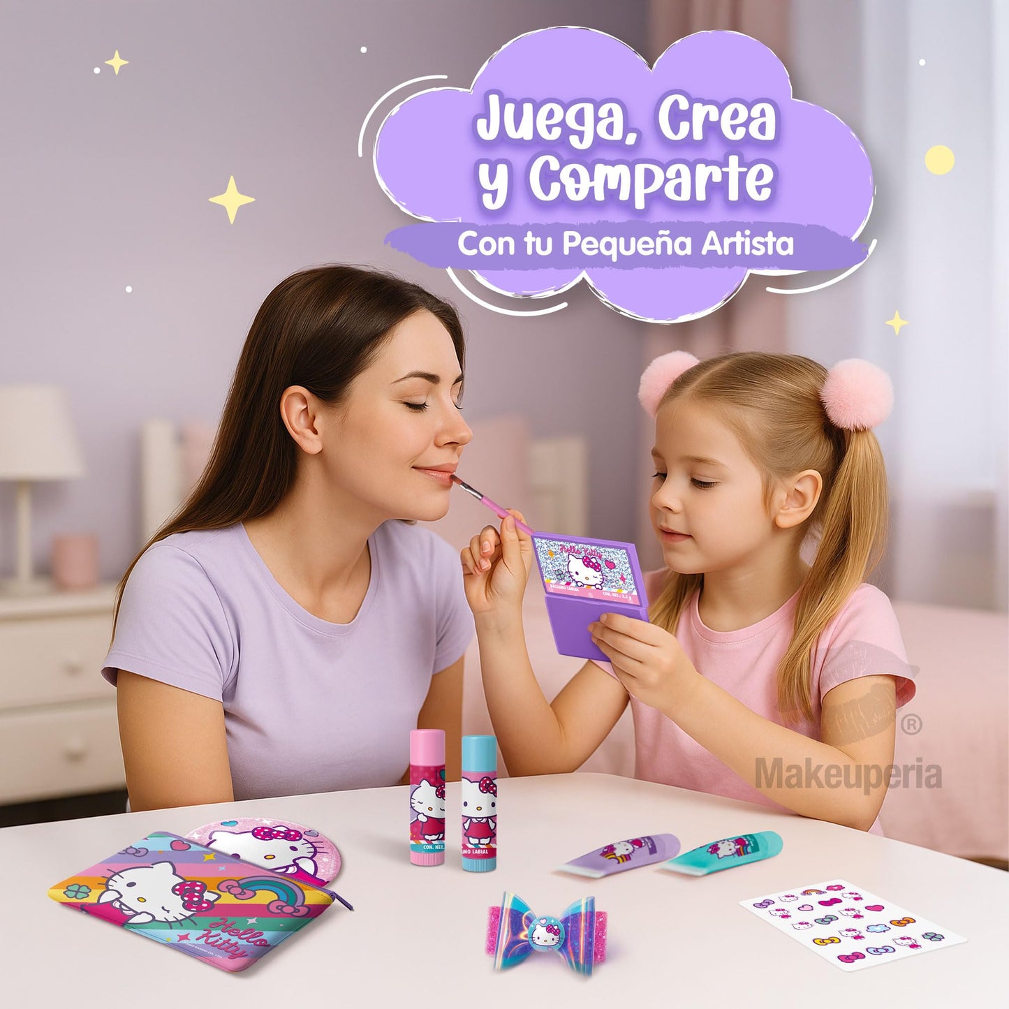 MAKEUPERIA Maquillaje para Niñas de Hello Kitty, Set de Maquillaje Infantil Lavable con Bálsamos, Brillos, Paleta con Brocha, Clips, Espejo y Bolsa de PVC, Regalo Seguro y Adorable