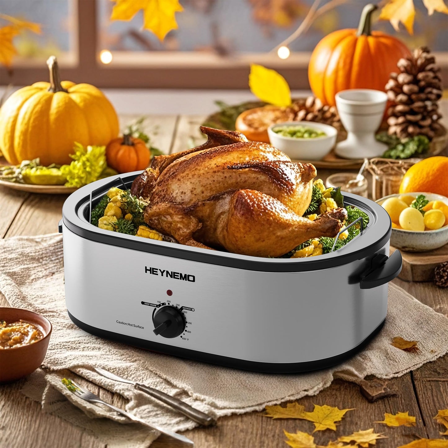 Horno tostador de 18 cuartos con tapa autohilado, horno tostador de pavo con función de descongelación y calor, temperatura ajustable, estante eléctrico extraíble para sartén, acero inoxidable, plata