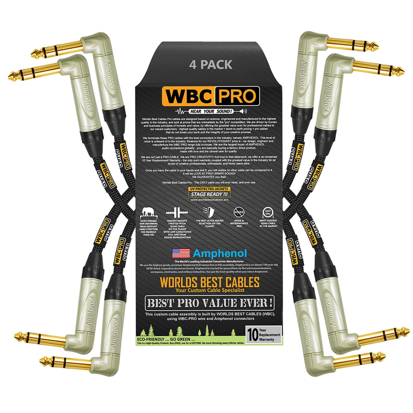 Cable TRS Stereo de 1.5 Pies WBC-PRO-Quad con Conector de Oro Amphenol y Revestimiento Negro Ultra Flexible y Silencioso