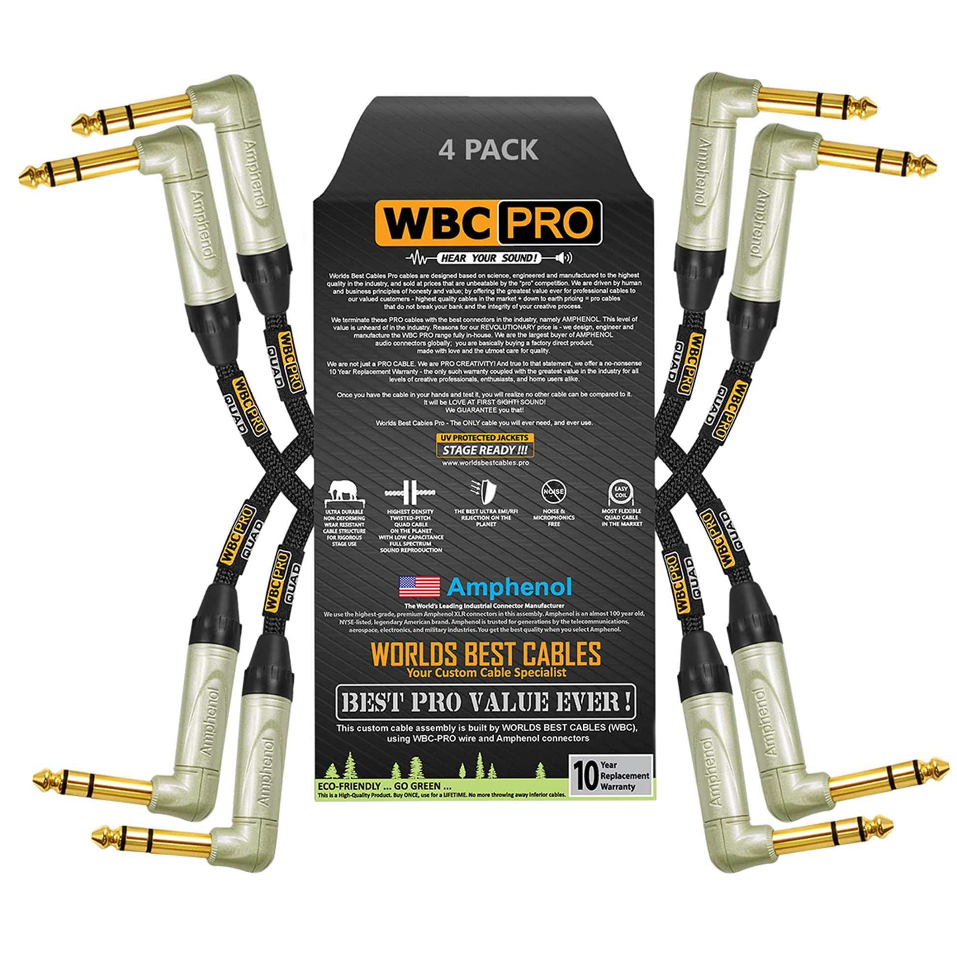 Cable TRS Stereo de 1.5 Pies WBC-PRO-Quad con Conector de Oro Amphenol y Revestimiento Negro Ultra Flexible y Silencioso