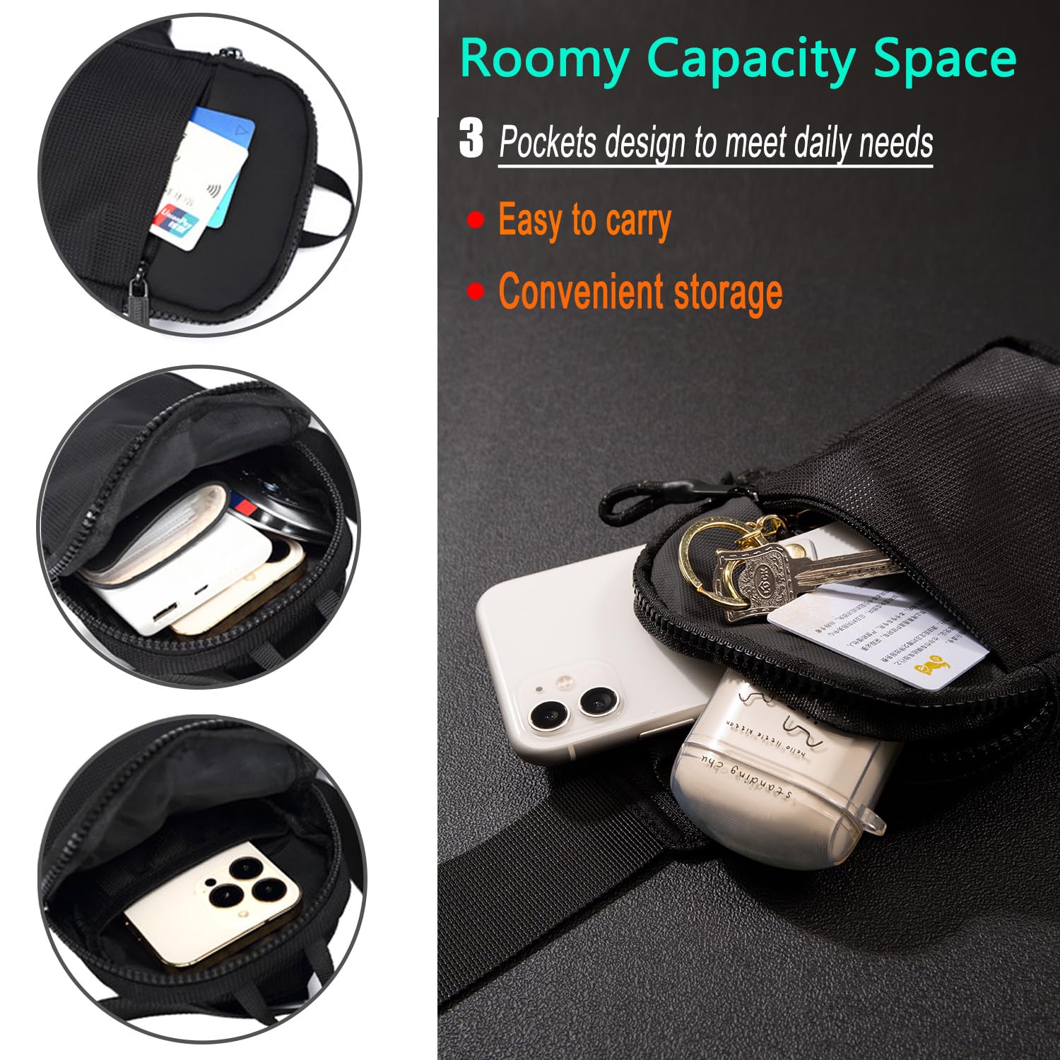 LKEX - Mini bolso bandolera para hombre, pequeño, para mujer, riñoneras, casual, personal, mochila, para el pecho del teléfono, Negro-mini(largo x ancho x alto = 13 x 3 x 19 cm), Pequeño, Mochilas