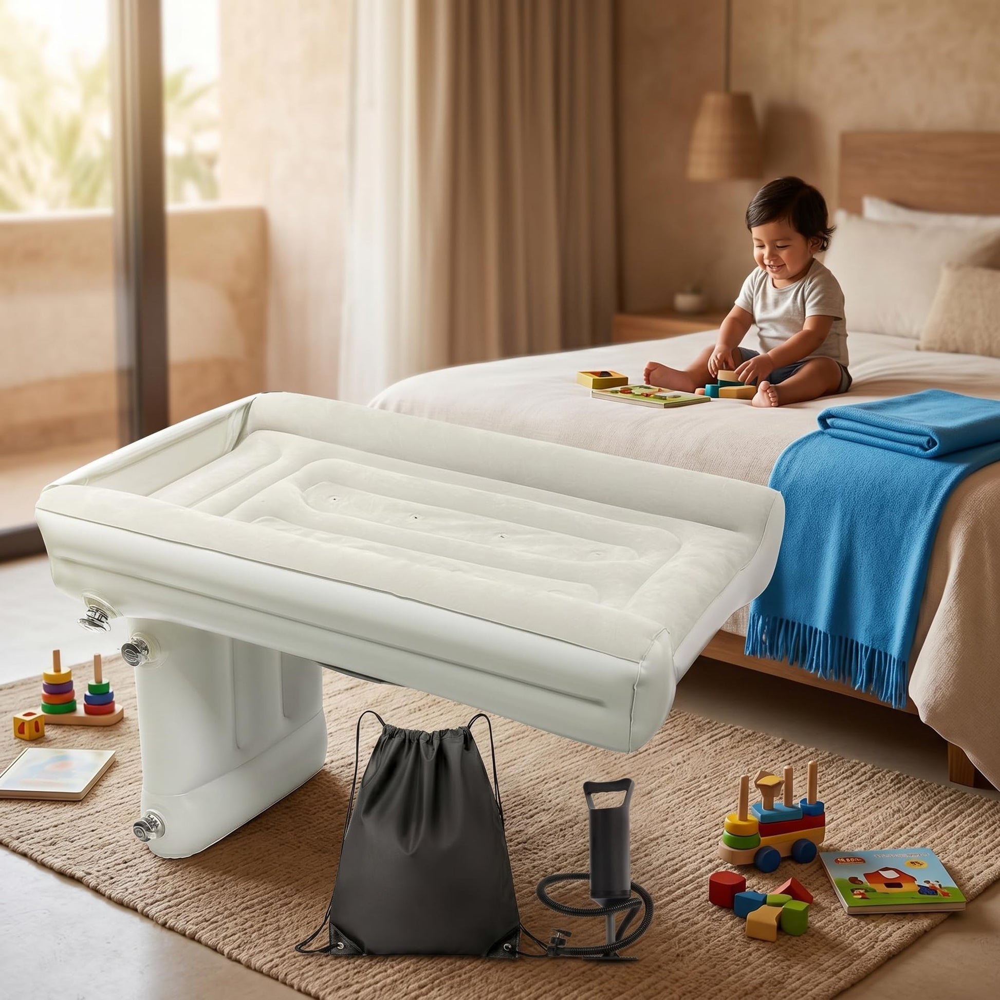 YISHEN Cama Inflable de Viaje para Niños, Cama Portátil para Bebés con Laterales de Seguridad, Ligera y Compacta, Ideal para Viajes en Avión, Incluye Bomba Manual y Bolsa de Almacenamiento