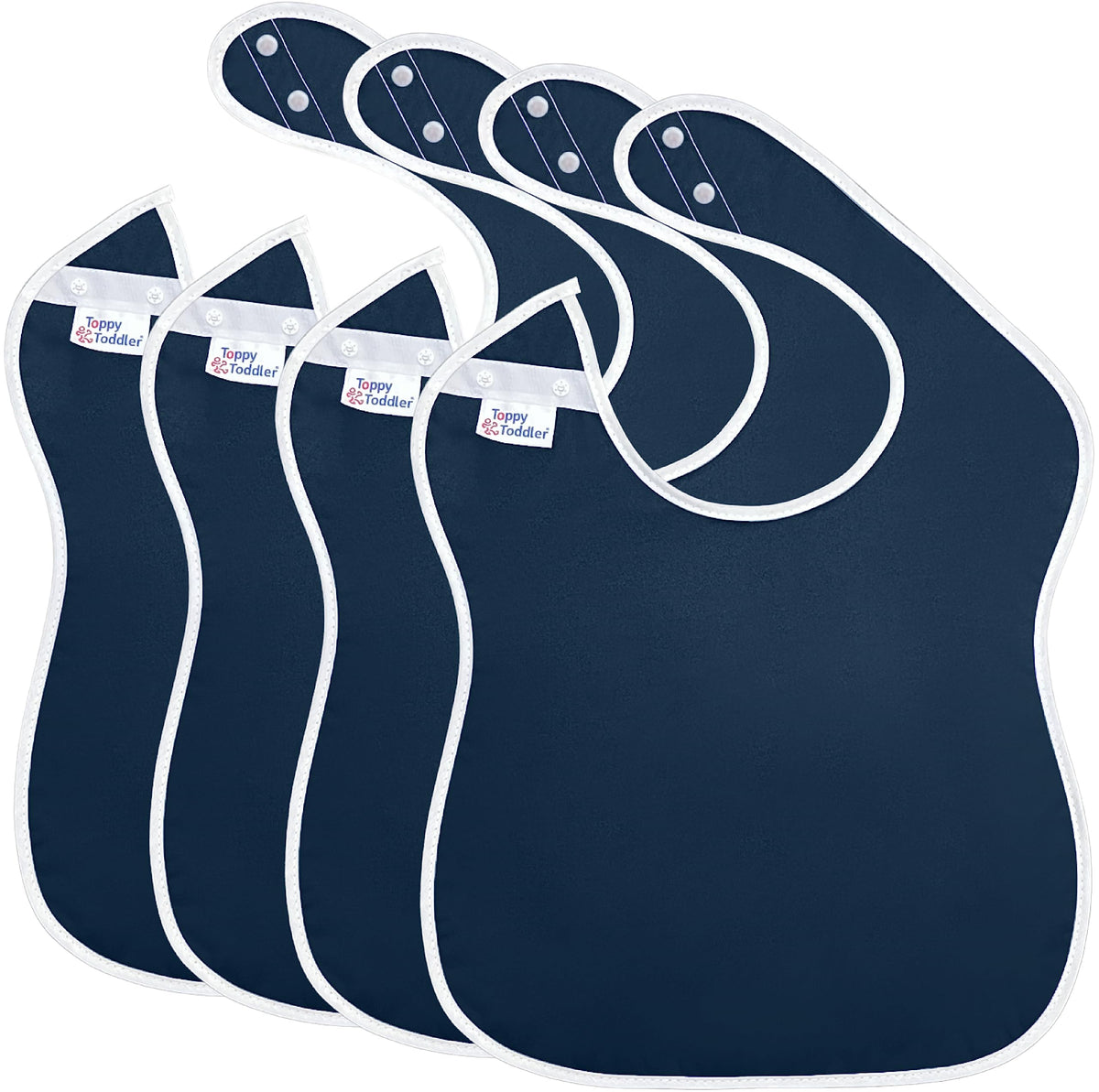 Toppy - 4 baberos grandes impermeables de color azul marino para bebés de 1 a 4 años - Baberos de tela ligera, suave y duradera con botones a presión para niñas y niños, apto para secadora y fácil de