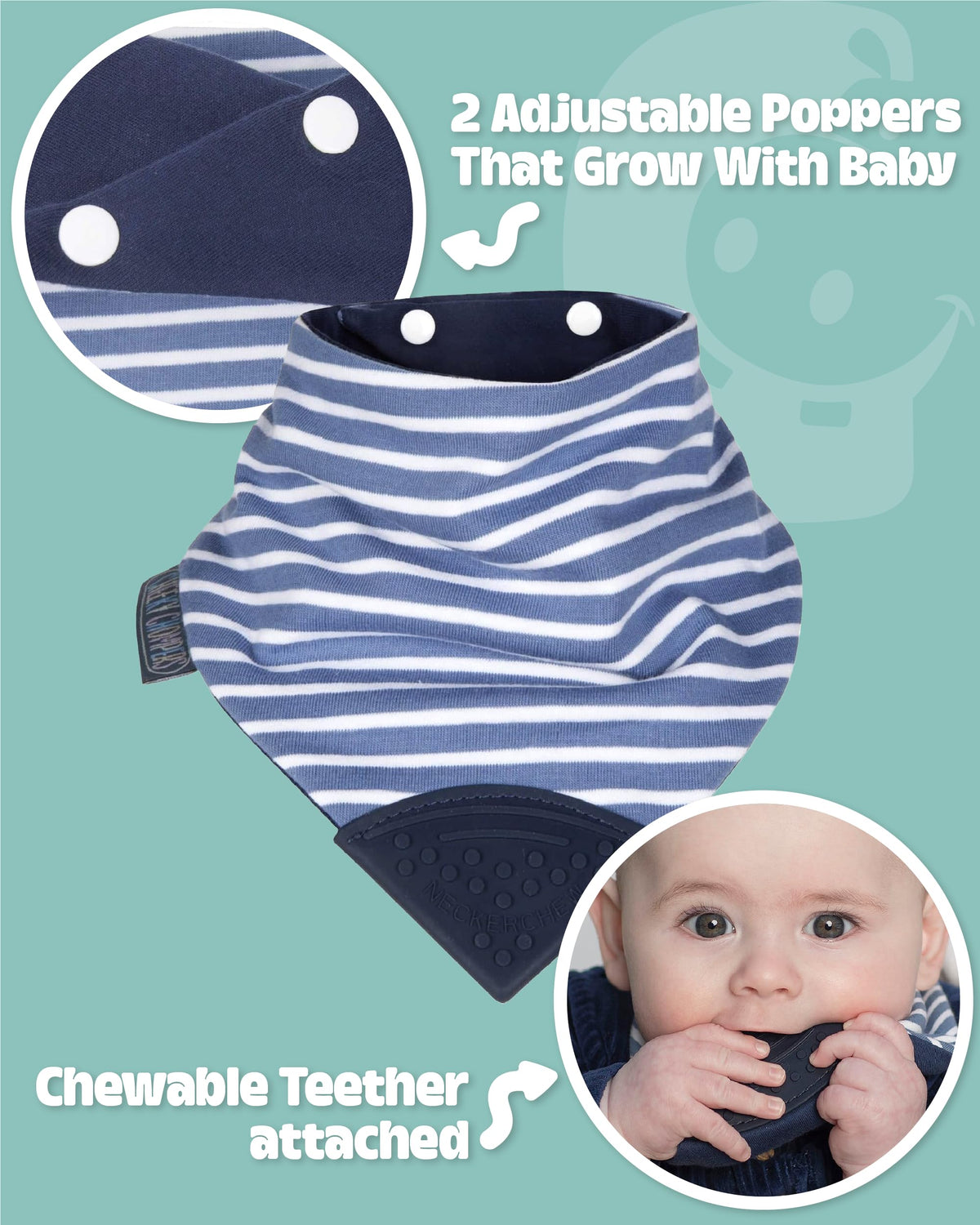 Babero para dentición Chewy original: babero reversible superabsorbente para dentición de bebés. Cheeky Chompers mordedores de silicona de grado alimenticio sin BPA | Preppy Stripes Neckerchew
