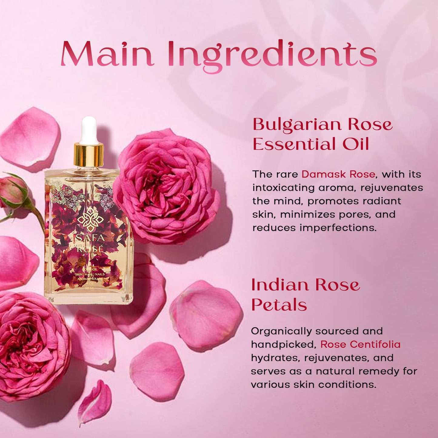 SAFA Rosé Oil - Organic Oil for Face, Body, Hair, Nails & Aromatherapy | Natural Blend of Bulgarian Damask Rose, Moroccan Argan, Sweet Almond, Vitamin E, & Apricot Oil | Moisturizer for Women & Men