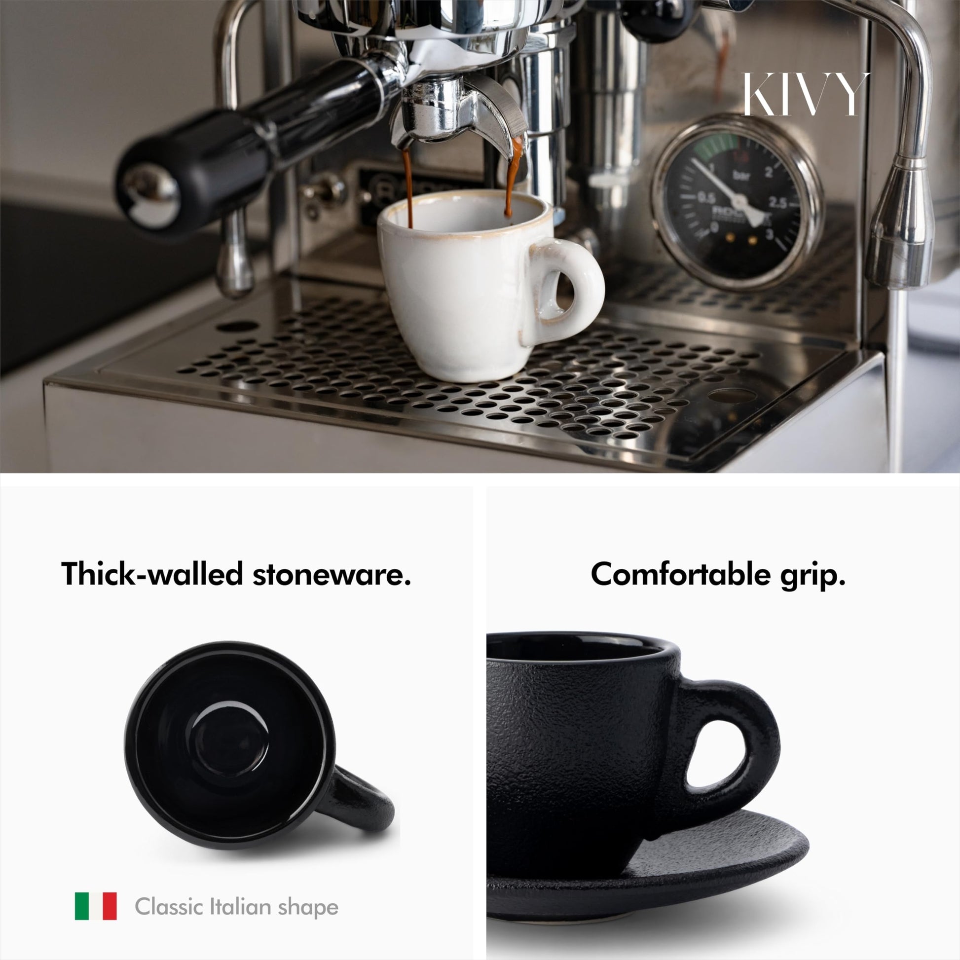 KIVY - Juego de 4 tazas de café expreso de 3 onzas, tazas y platillos de gres de pared gruesa estilo italiano, tazas negras demitasse con platillos
