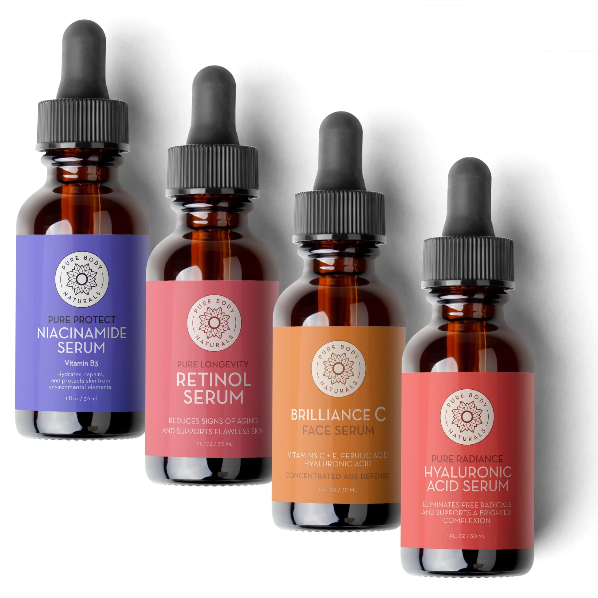 Pure Body Naturals Facial Serum Set - Hyaluronic Acid Serum, Retinol Serum, Vitamin C Serum, and Vitamin B3 Serum - A Perfect Serum Gift Set for Women of All Ages