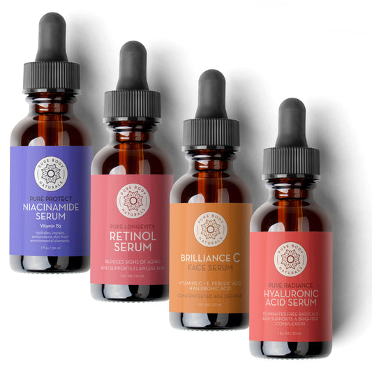 Pure Body Naturals Facial Serum Set - Hyaluronic Acid Serum, Retinol Serum, Vitamin C Serum, and Vitamin B3 Serum - A Perfect Serum Gift Set for Women of All Ages