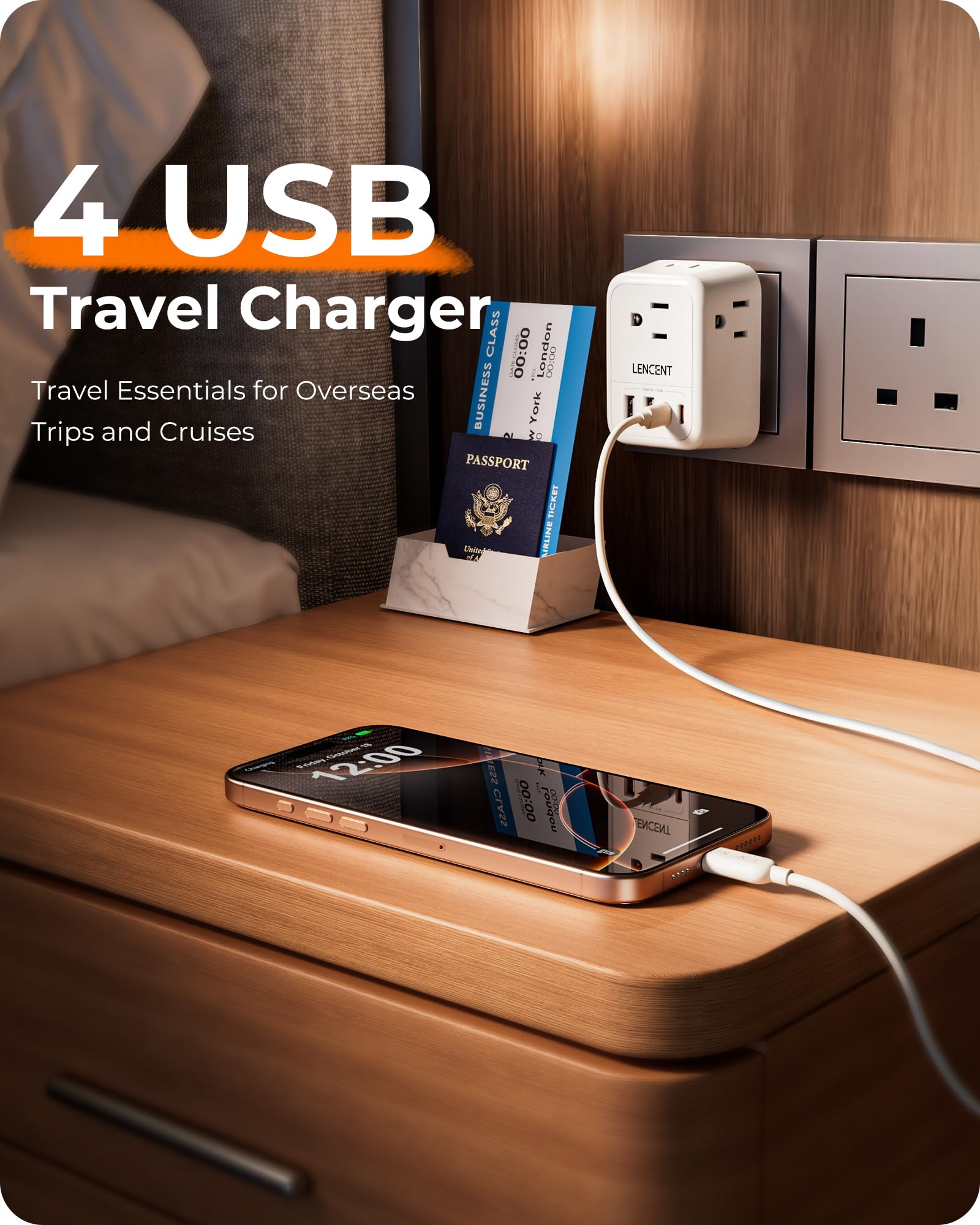 LENCENT Adaptador de Viaje Enchufe UK, Cargador con 4 Salidas CA y 4 Puertos USB (2 USB-C), Convertidor de Enchufe Americano a Inglés Tipo G con Toma de Tierra, para Reino Unido, Irlanda, Hong Kong