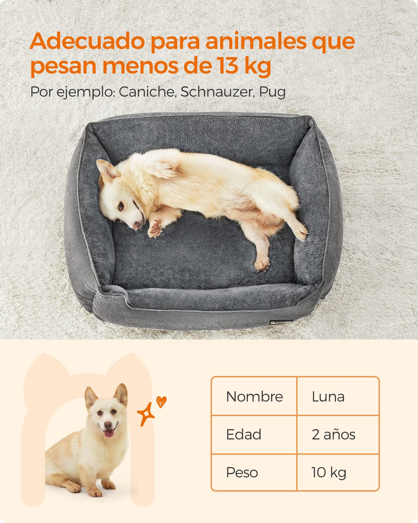 Feandrea Cama para Perros, Sofá para Mascotas, 90 x 75 x 25 cm, Bordes Elevados, L, para Perros Medianos, Gris Claro MPGW11GG