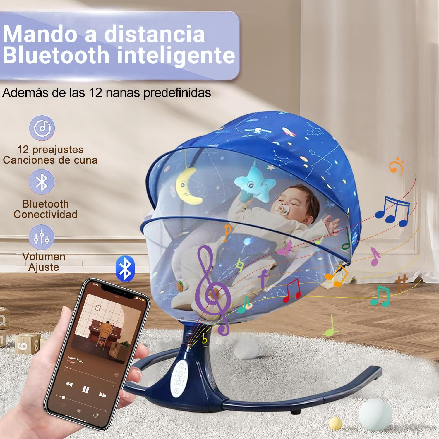 Mecedora Eléctrica PERFECTOP Azul Estrellado con Bluetooth y Mando a Distancia para Bebé