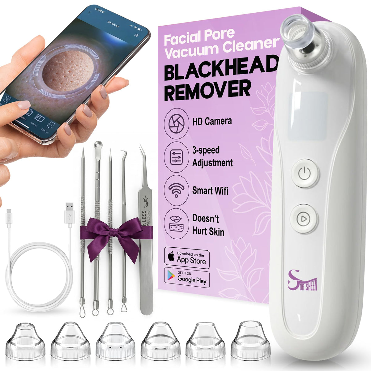 Dr. Sheen Aspirador de puntos negros con cámara, extractor de puntos negros para poros, 3 modos de succión, 6 cabezales, recargable por USB, kit de acero inoxidable de 5 piezas, poros profundos