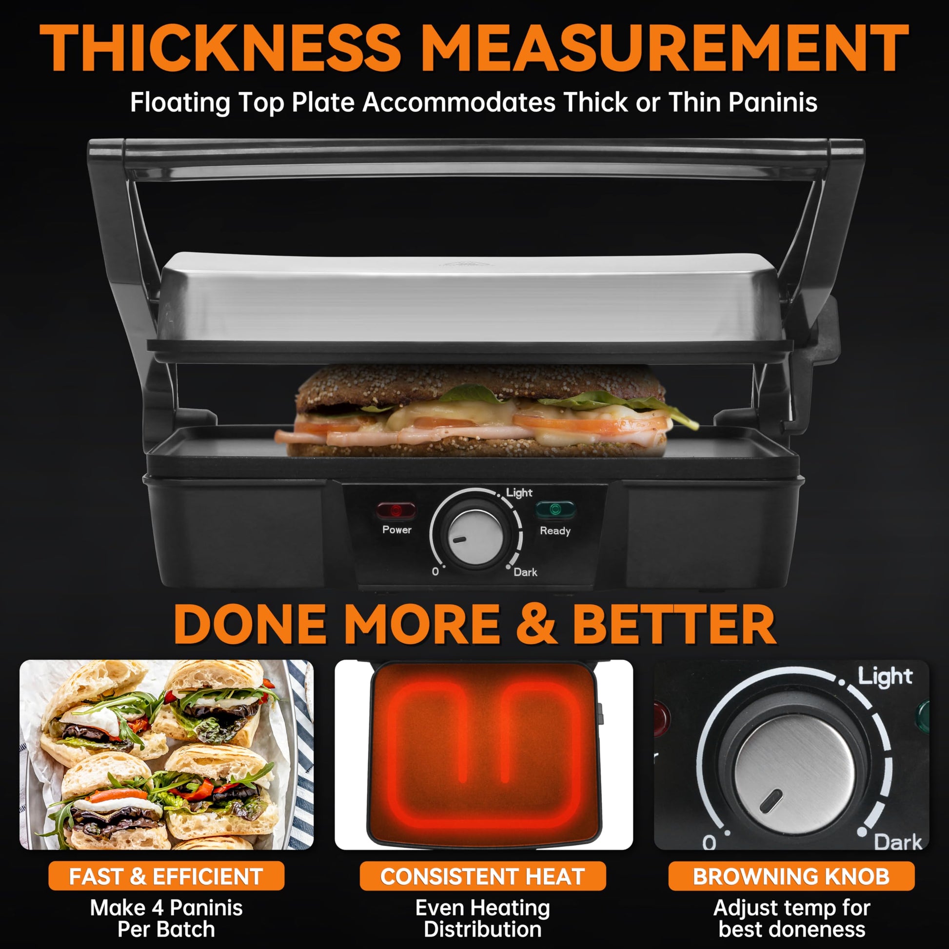 Baker's Friend Panini Press - Plancha eléctrica Panini, prensa para sándwicheros, máquina de queso a la parrilla, sándwichera eléctrica, control de dorado, superficies antiadherentes, 4 rodajas, acero