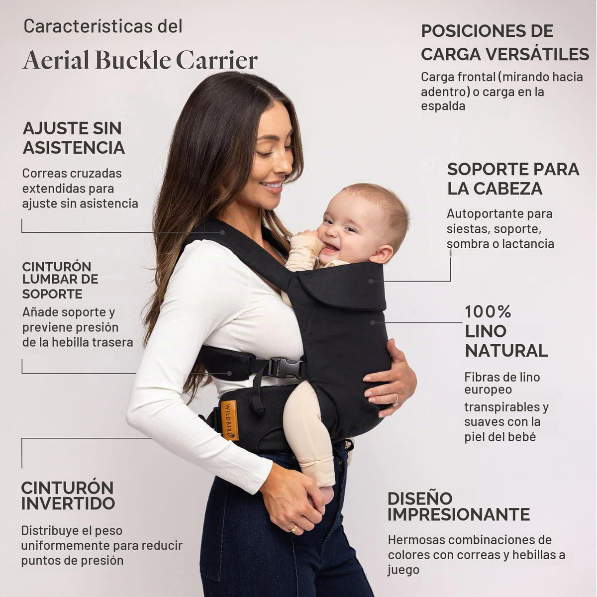 WildBird - Transportador aéreo - 7 a 45 libras - para mamás, papás y cuidadores - 100% fibras de lino europeas naturales, versátil y ajustable, tamaño grande, tela cuervo