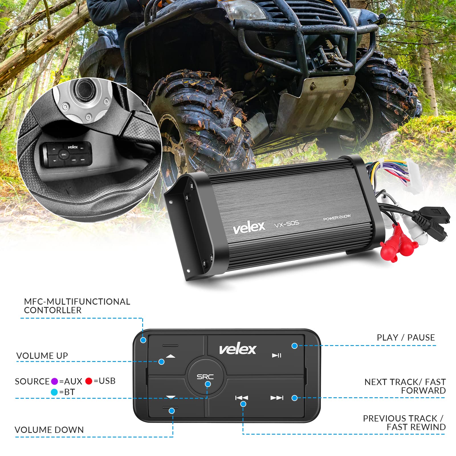 Amplificador Bluetooth Marino VELEX Impermeable 4 Canales para Barco, Golf y Motocicleta