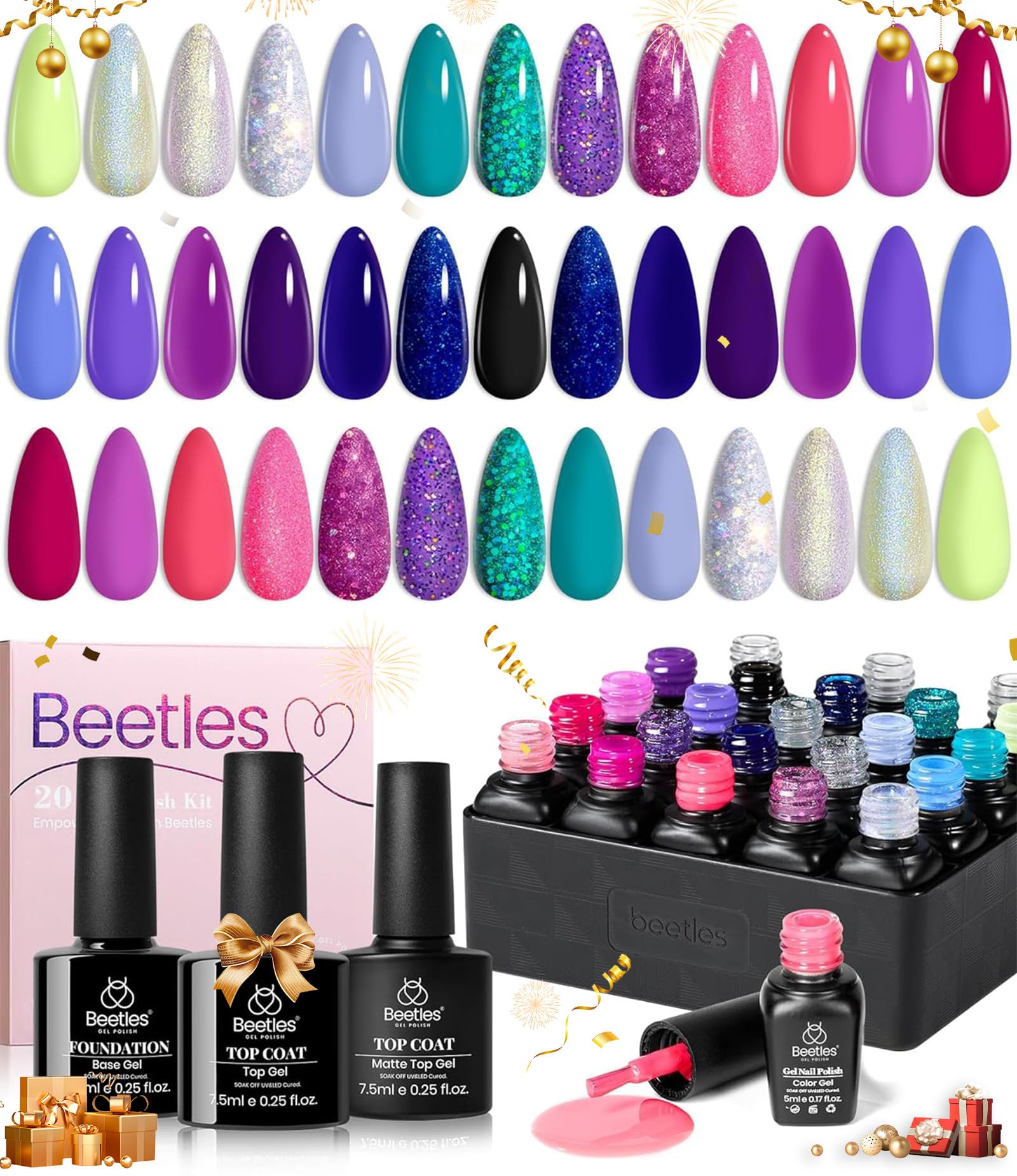 Beetles 20 Gel Nail Polish Kit, with Glossy & Matte Top Coat and Base Coat, 4 Glitters and 2 Nail Art Brushes, Midnight Euphoria Collection Soak Off Popular Nail Art Gel Polish Set