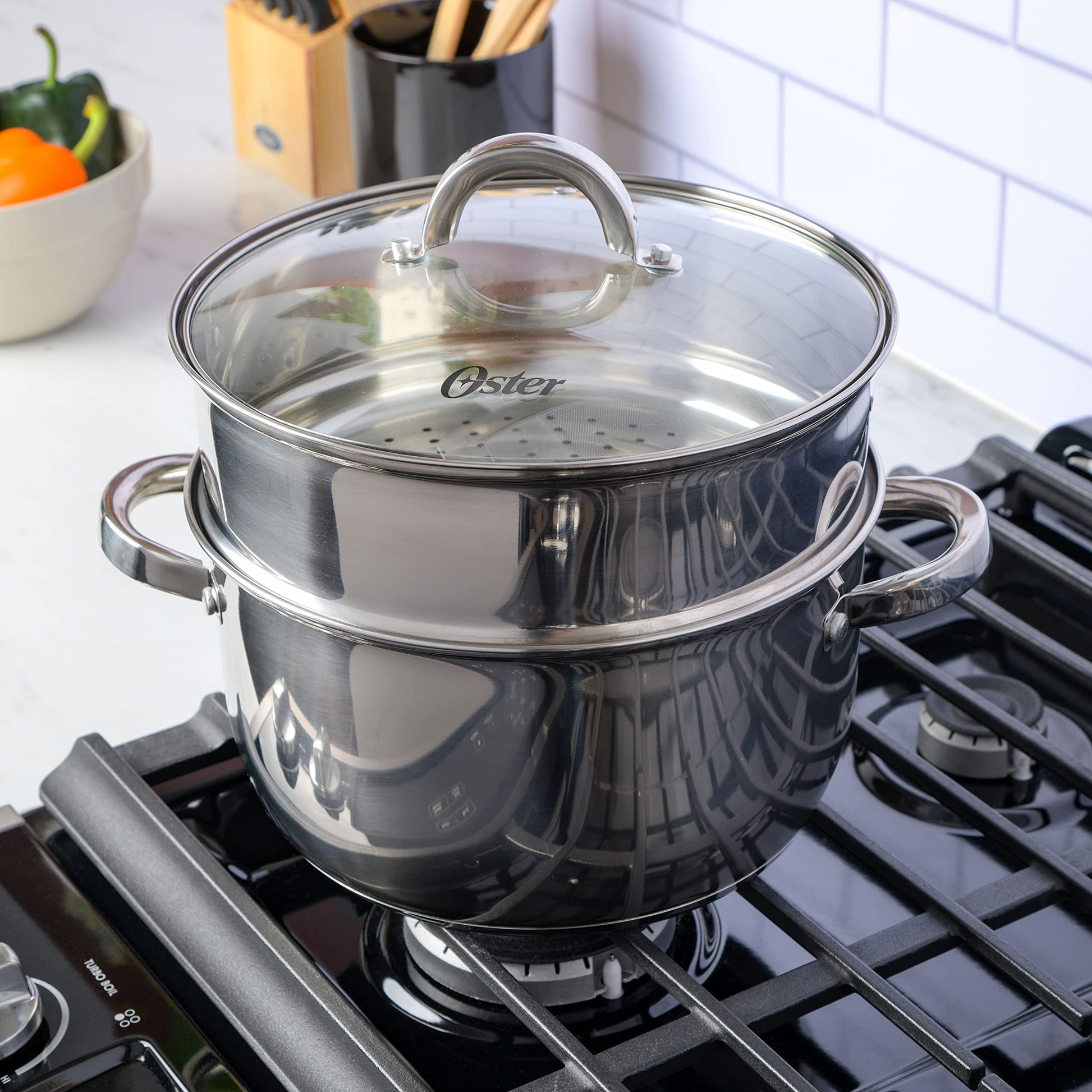 Oster Sangerfield - Cacerola de horno holandesa de 6 cuartos con cesta de vapor, acero inoxidable