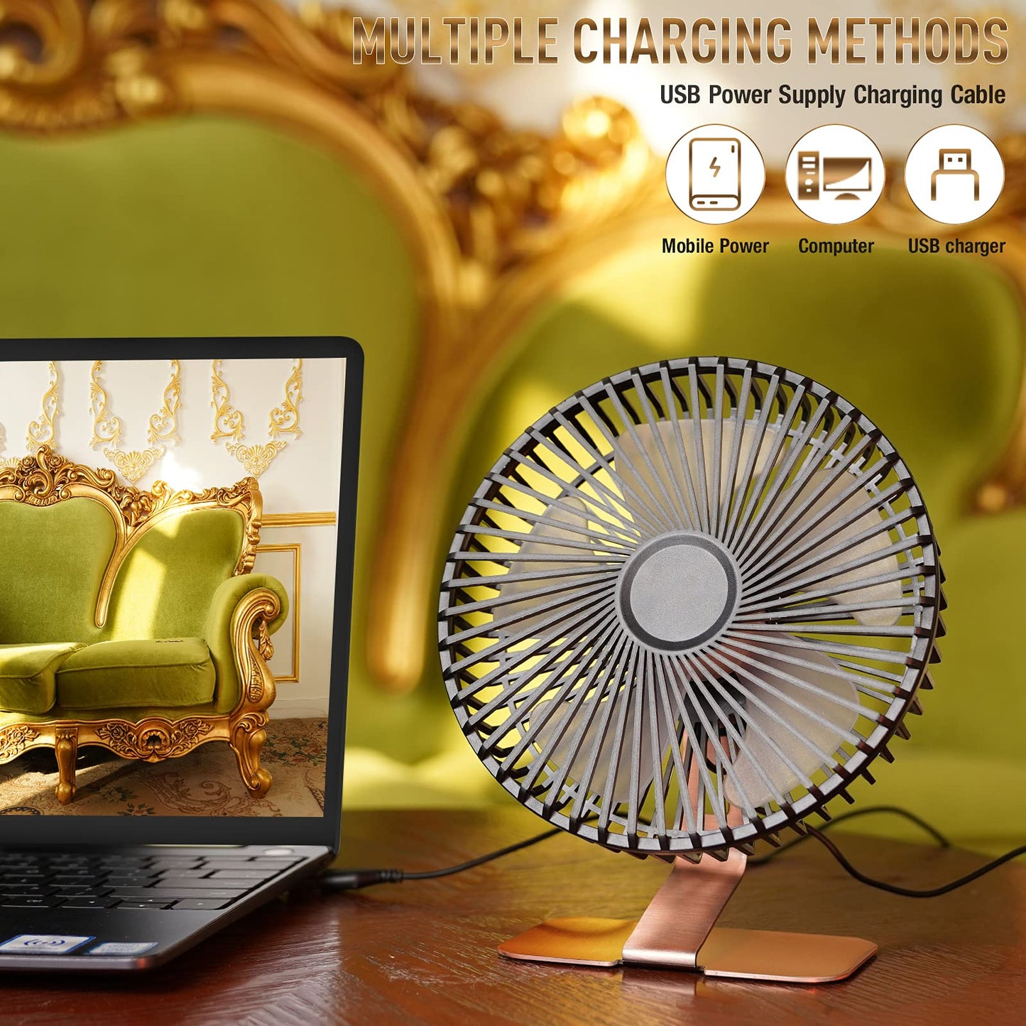 Ventilador de Escritorio SLENPET Bronce USB 6 Pulgadas Ultra Silencioso 4 Velocidades Base de Metal
