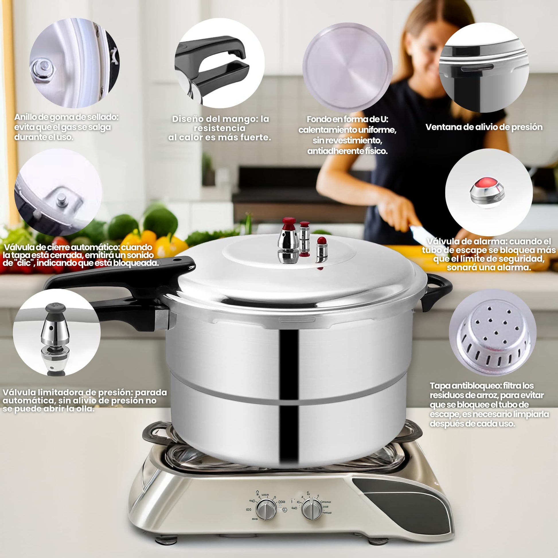 Bee Vibes Olla de Presión Express de Aluminio 9 Litros con 8 Sistemas de Seguridad y Vaporera Antiadherente Ideal para Cocinar Sopas Carnes y Más de Manera Rápida y Segura Compatible con Estufa de Gas