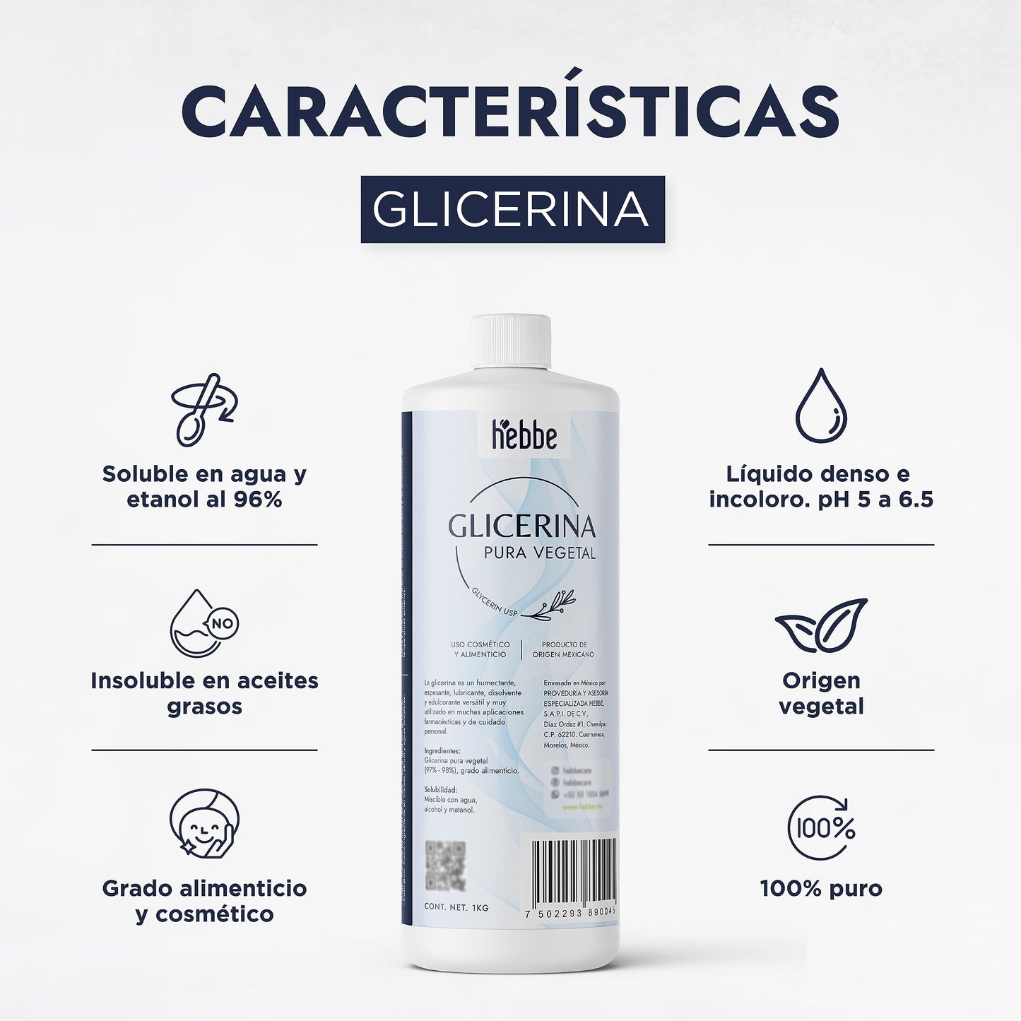 Hebbe | Glicerina Vegetal | Efecto Calmante | Para todo tipo de Piel | Uso Cosmético y Comestible | Refuerza la Hidratación | 1 kg