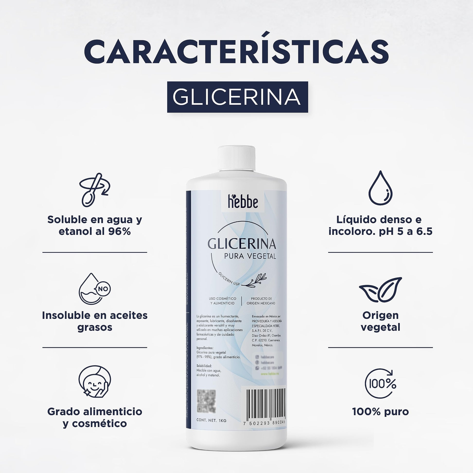 Hebbe | Glicerina Vegetal | Efecto Calmante | Para todo tipo de Piel | Uso Cosmético y Comestible | Refuerza la Hidratación | 1 kg