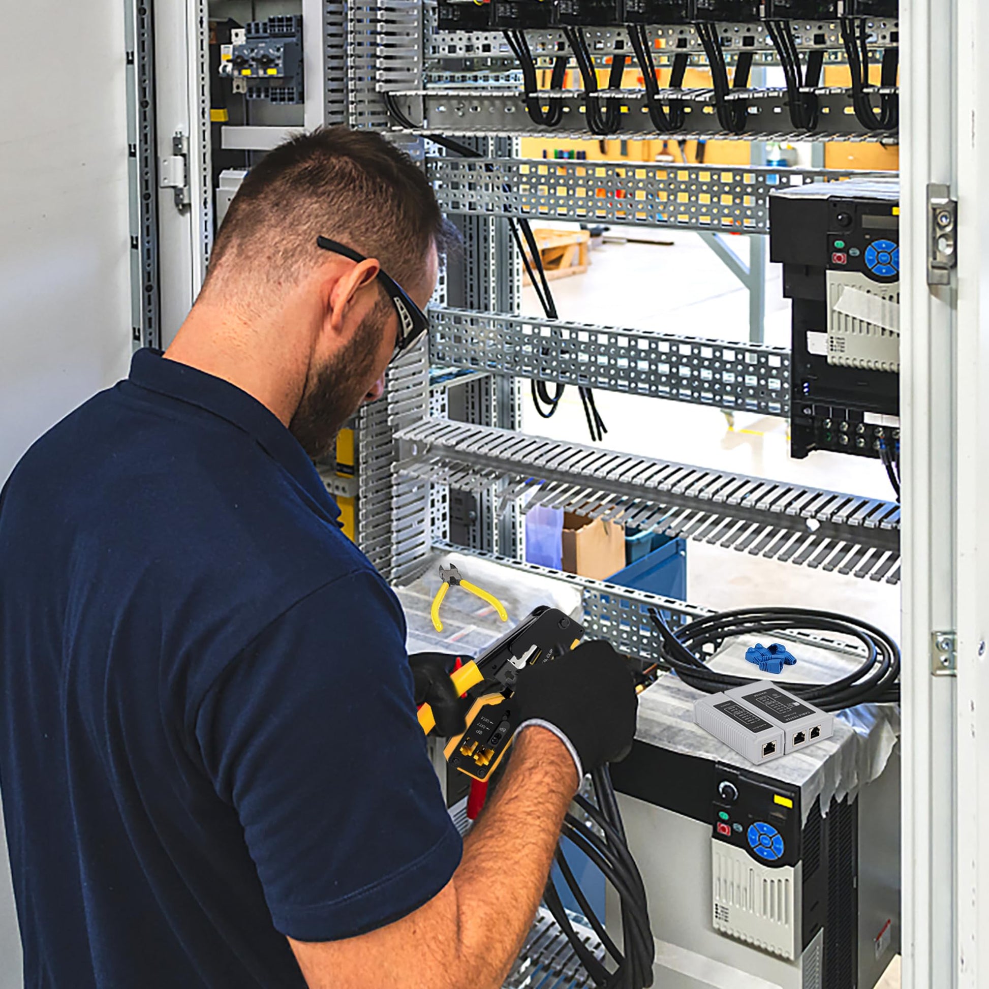 Kit de Herramientas de Crimpado Wakhow Negro con Probador y Accesorios para Ethernet Cat5 Cat6 Cat7