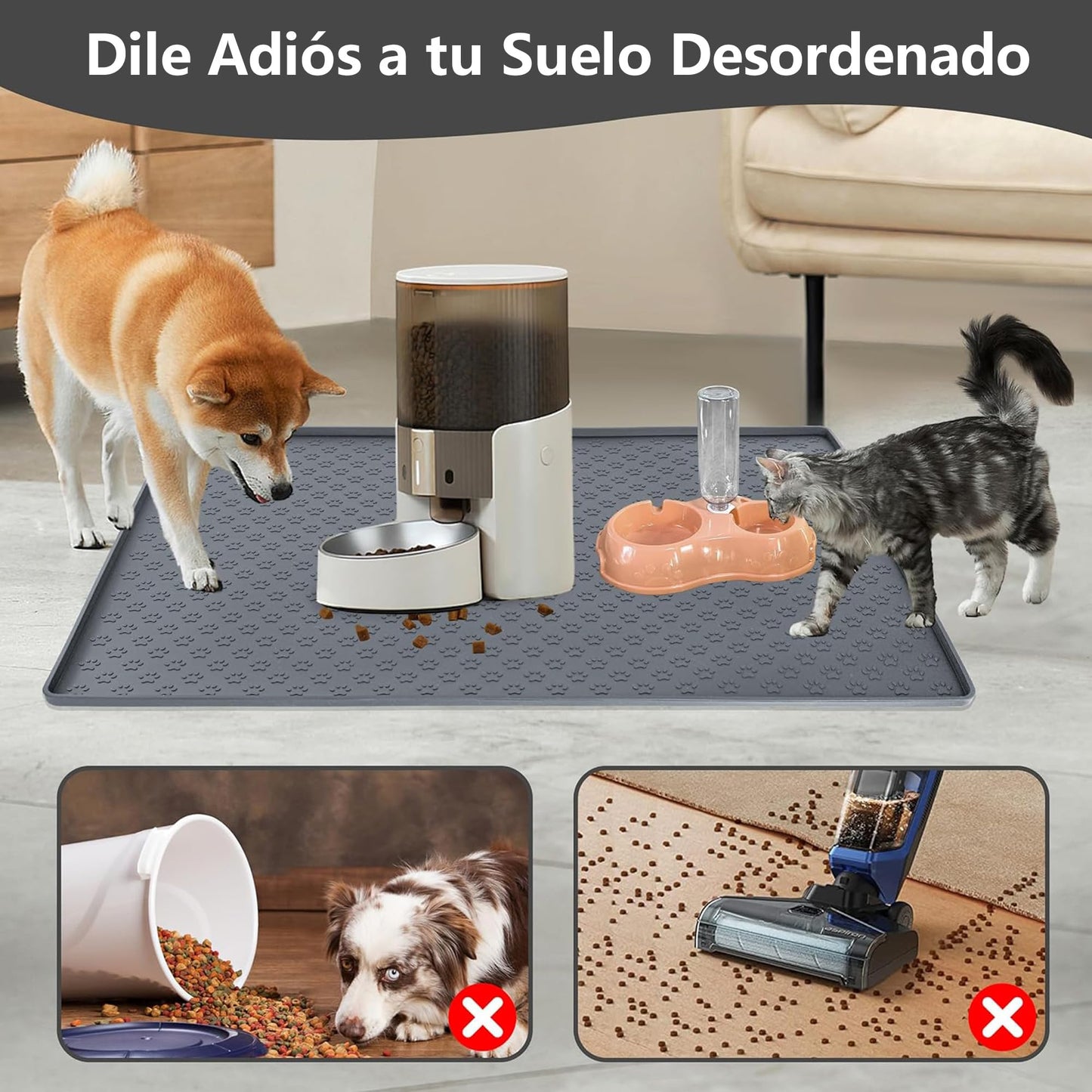 Tapete para Comida de Perro Sugarzoon Gris Silicona Impermeable Antideslizante 55x40 cm