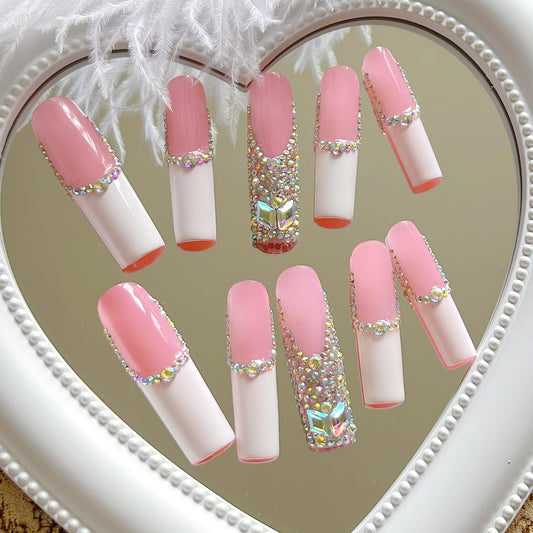 NAIL ANGEL 10 Unids/Set Glamorous Hecho A Mano Prensa En Las Uñas Brillo Rhinestone Largo Ataúd Uñas de Fiesta Uñas Xxl Largo Artificio Consejos Zj-01 (S)