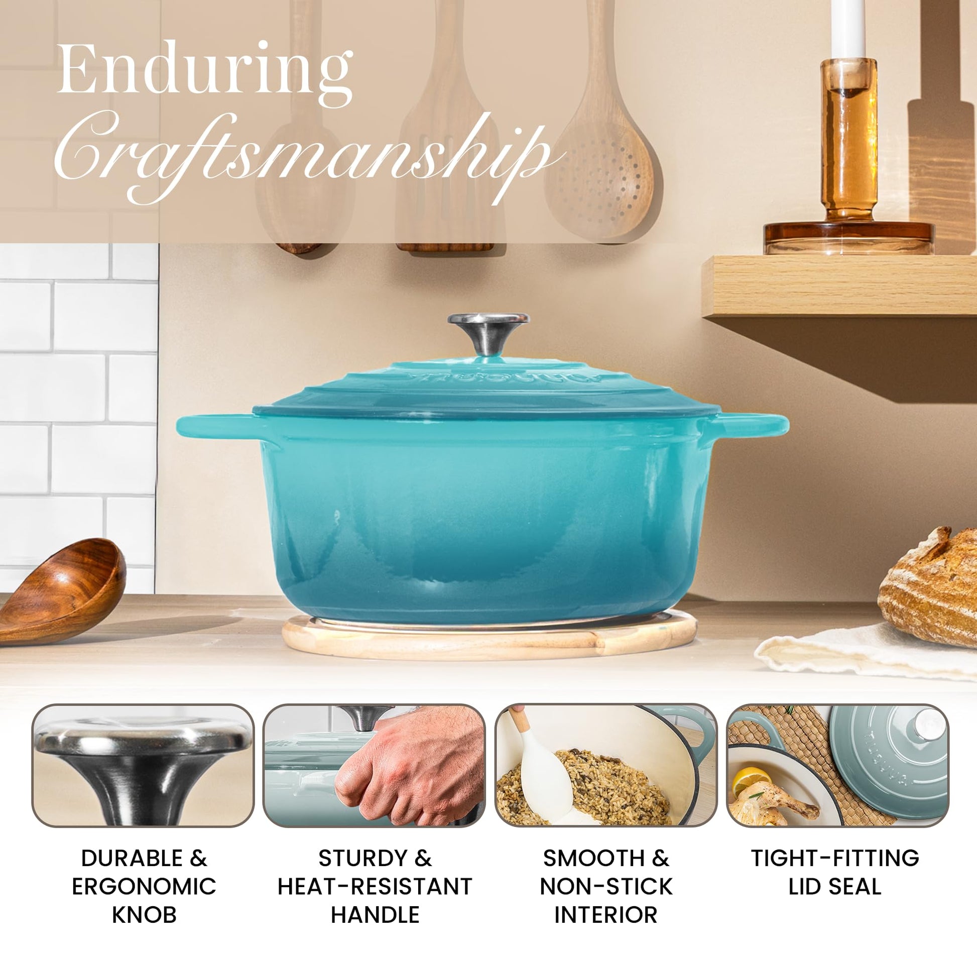 Nuovva - Olla de hierro fundido esmaltado con tapa, olla antiadherente de 6.4 cuartos de galón, resistente y apta para horno hasta 500 °F, para hornear, estofar, asar, 28 cm, color verde azulado