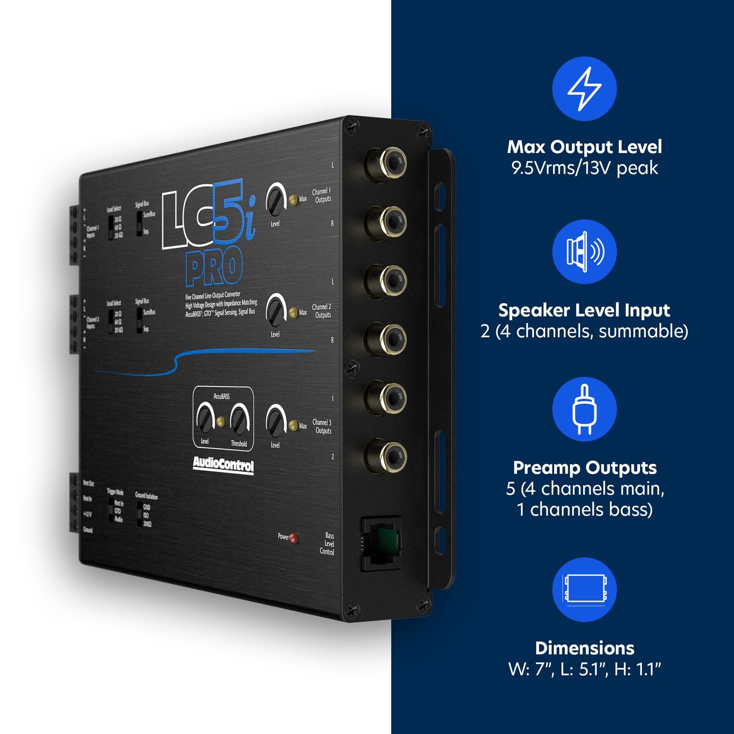 Convertidor de Salida de Línea AudioControl LC5iPRO 5 Canales con AccuBASS y Control Remoto ACR-1 Incluido