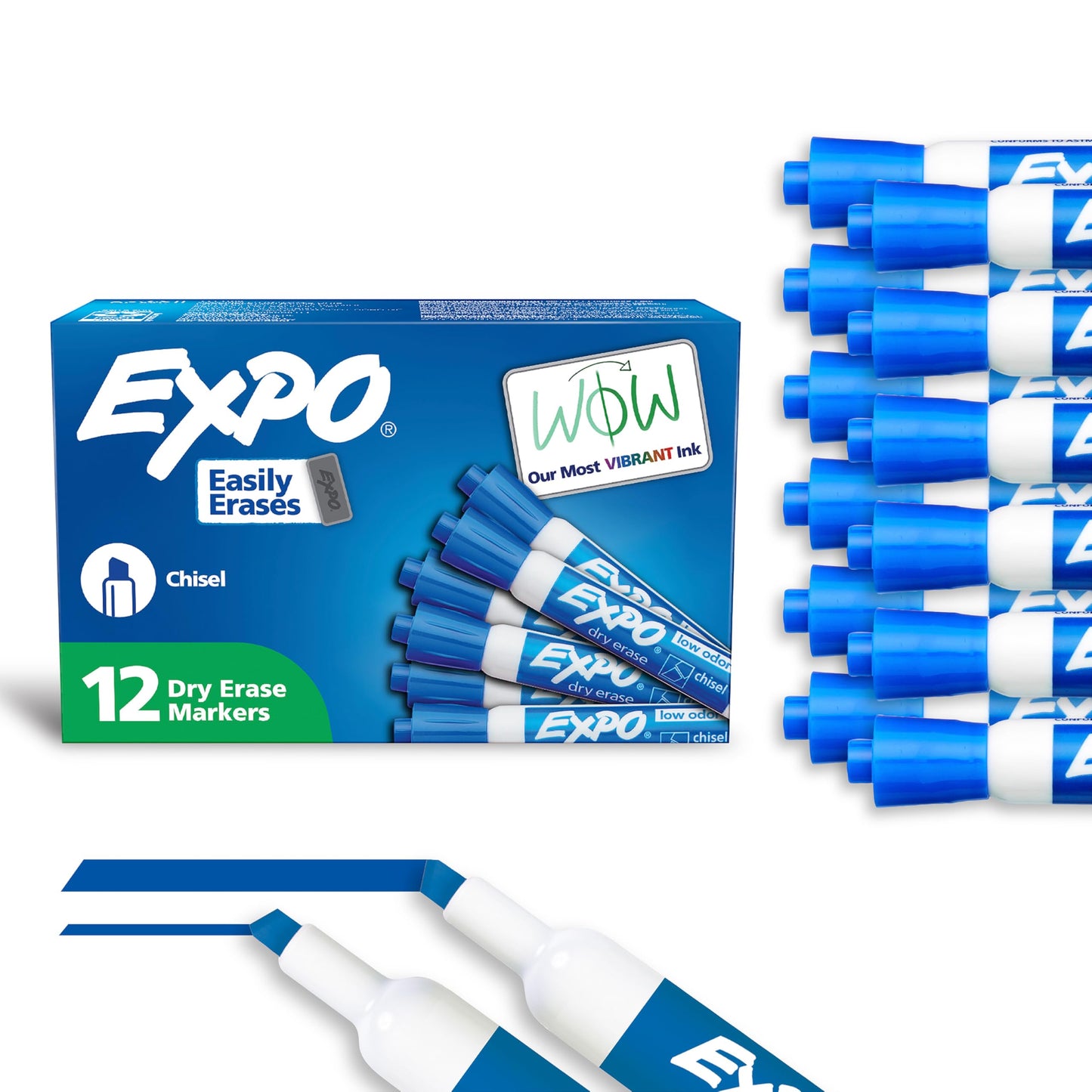 Expo Marcadores de borrado en seco con poco olor., Cincel, Azul, 12-Count