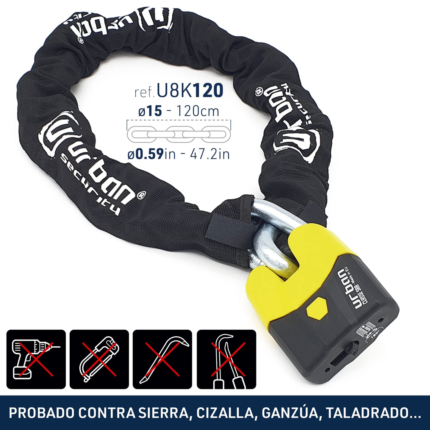 Urban Security U8K120 Candado para Moto Cadena de Seguridad para Moto Candado Moto Cadena para Moto, Cadena y Candado para Motocicleta Homologado Alta Seguridad, Candado Motocicleta Cadena Moto 120cm