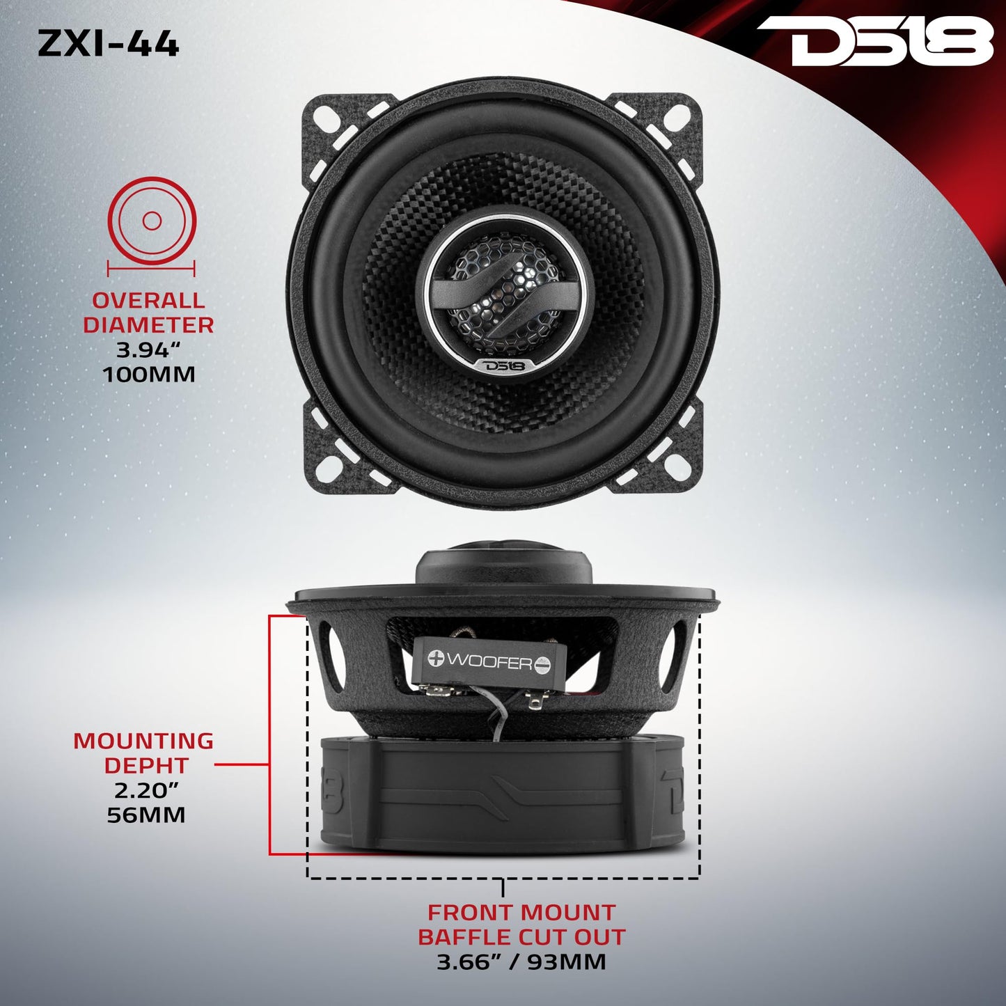 DS18 ZXI-44 Altavoz coaxial de Audio para Coche de 4 Pulgadas con Altavoz de Agudos de neodimio Integrado y Cono de Kevlar – 2 vías 150 vatios máximo 4 ohmios (2 Altavoces)