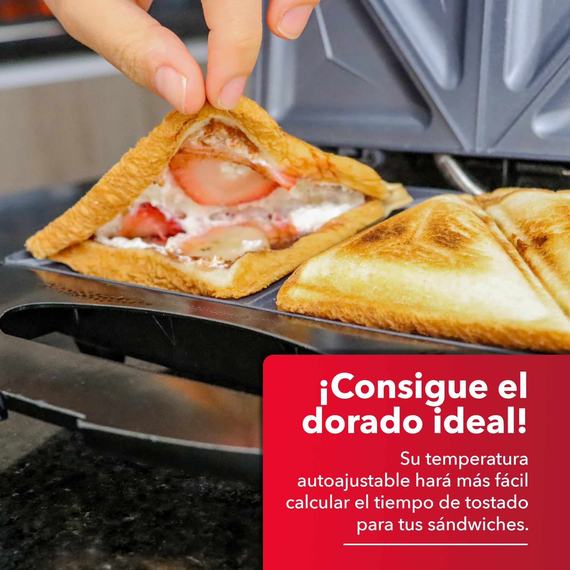 RCA Sandwichera Eléctrica RC-SW1, Placa Antiadherente, Doble Rebanada, Temperatura Ajustable, Luces Indicadoras, Seguro Frontal, Diseño Compacto y Acero Inoxidable, Ideal para Sándwiches y Desayunos