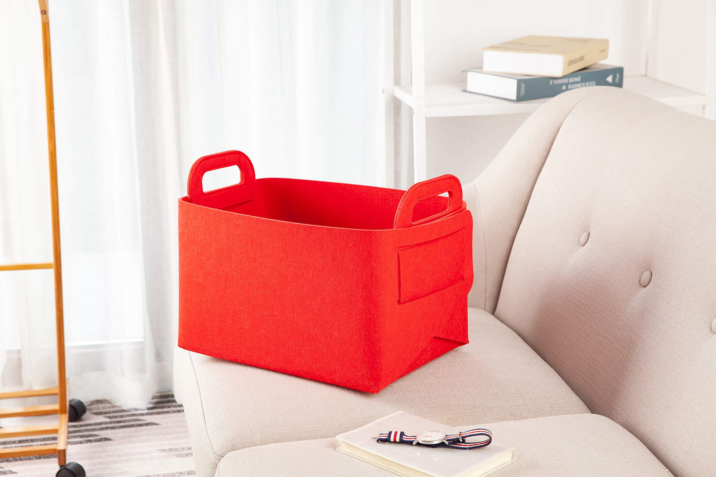 Minoisome - Cesta de almacenamiento de fieltro plegable y conveniente organizador con asas de transporte para oficina, recámara, clóset, bebés, guardería, juguetes de lavandería (rojo, 13.8 pulgadas