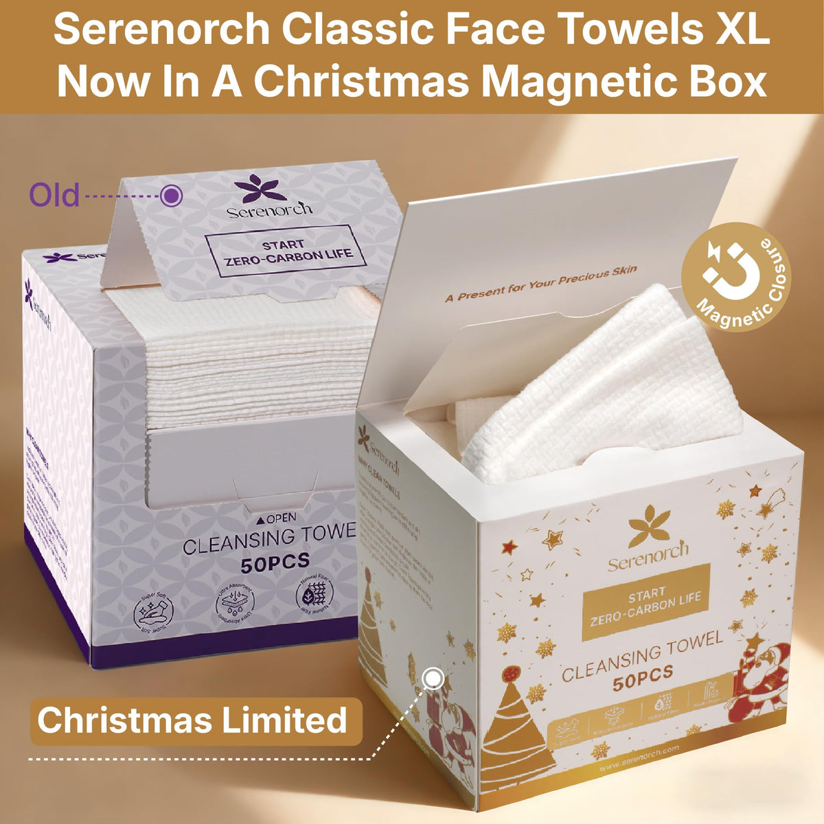 Serenorch Toallas faciales desechables navideñas XL, paquete de 50 unidades, regalos navideños para mujeres, caja magnética, pañuelos faciales ultrasuaves, toallitas desmaquillantes secas para piel se
