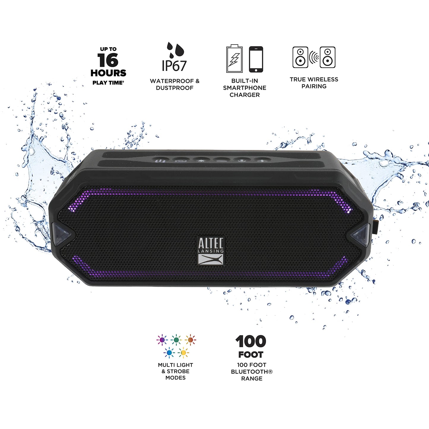 Altec Lansing - Altavoz Bluetooth inalámbrico HydraJolt, altavoces portátiles impermeables con cargador de teléfono integrado y luces, a prueba de todo al aire última intervensión, a prueba de golpes,