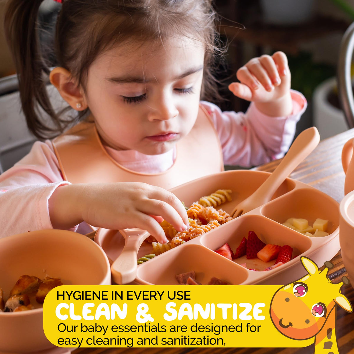 Muqee Peeko Platos con Ventosa para la Comida del bebé con Tapa, Color Albaricoque - Set de Comida para bebés de Silicona Apta para Uso alimentario