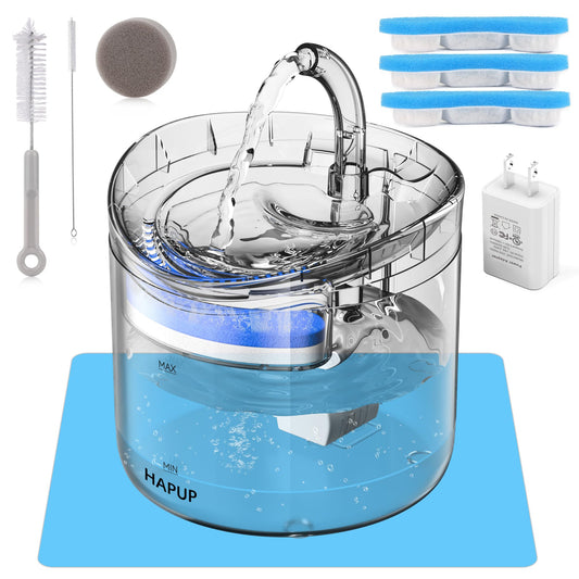 Fuente de agua para gatos, dispensador de agua para perros, de 1.8 litros, fuente automática de agua potable para mascotas, con tres filtros de repuesto, una bomba inteligente, un paquete de cepillo de limpieza, una alfombrilla de silicona para alimentos,